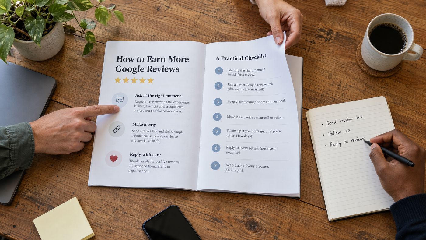 Business owners working through a guide to earning Google reviews