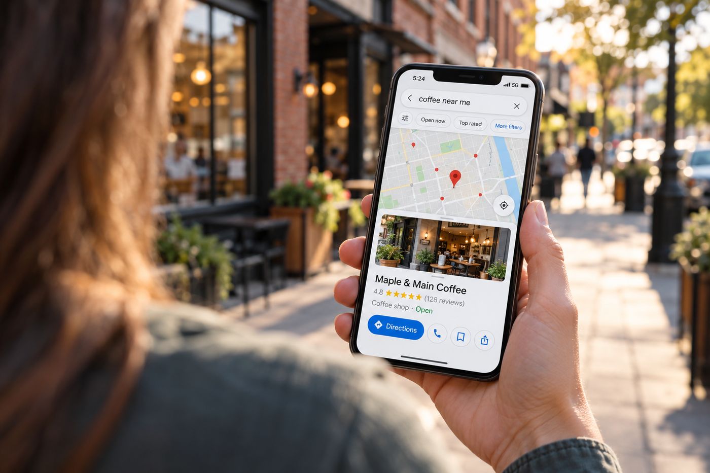 A customer finding a local coffee shop on Google Maps