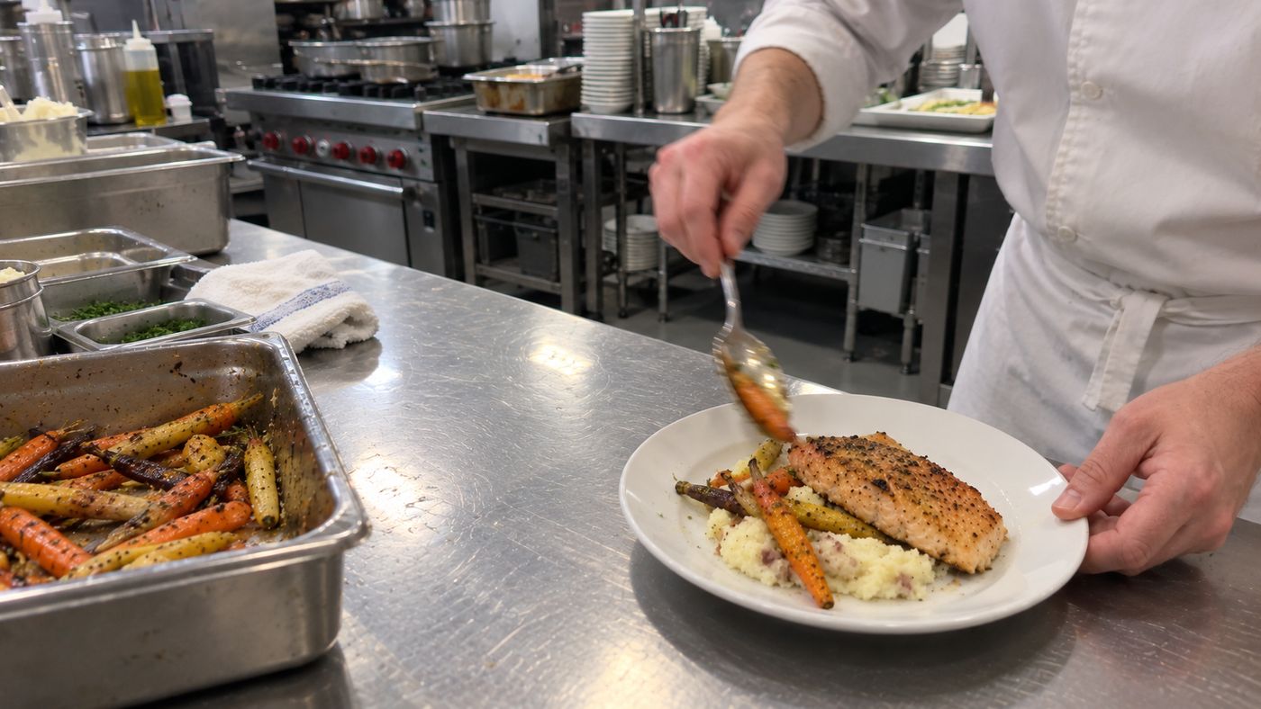 A chef plating a dish during a production