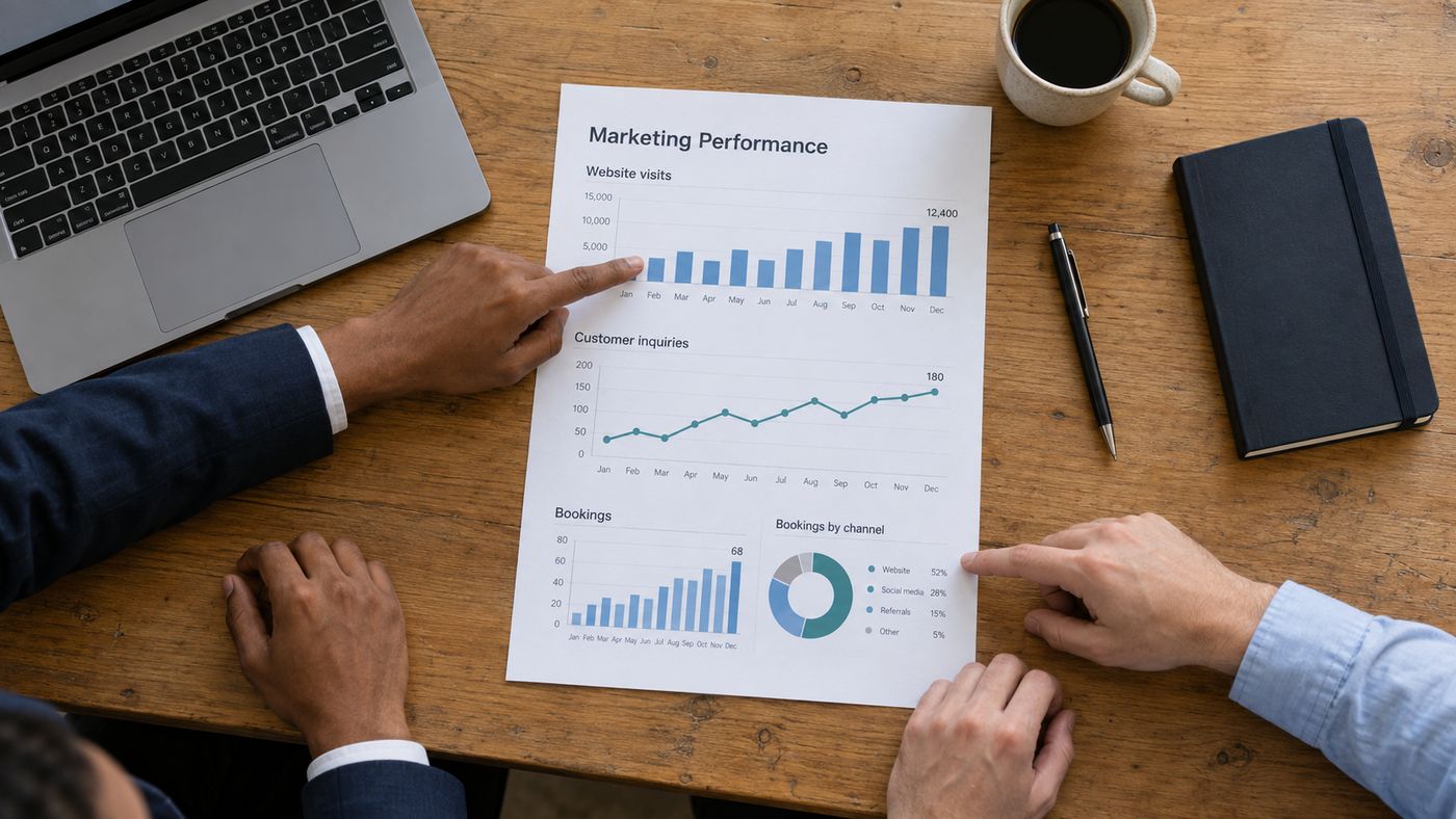 A marketing performance report reviewed at a meeting